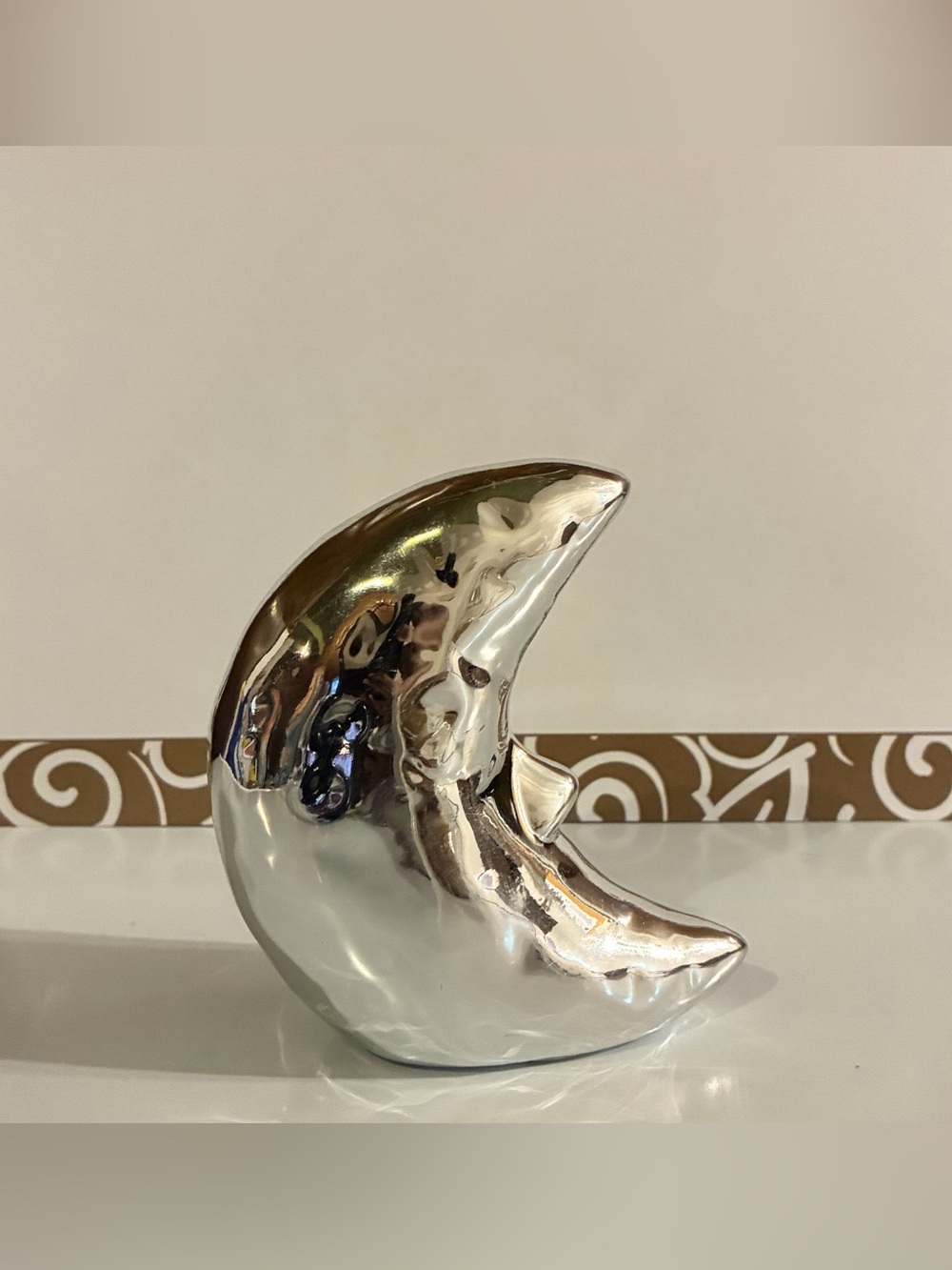 Silver Ceramic Crescent Moon Sculpture - Home Art